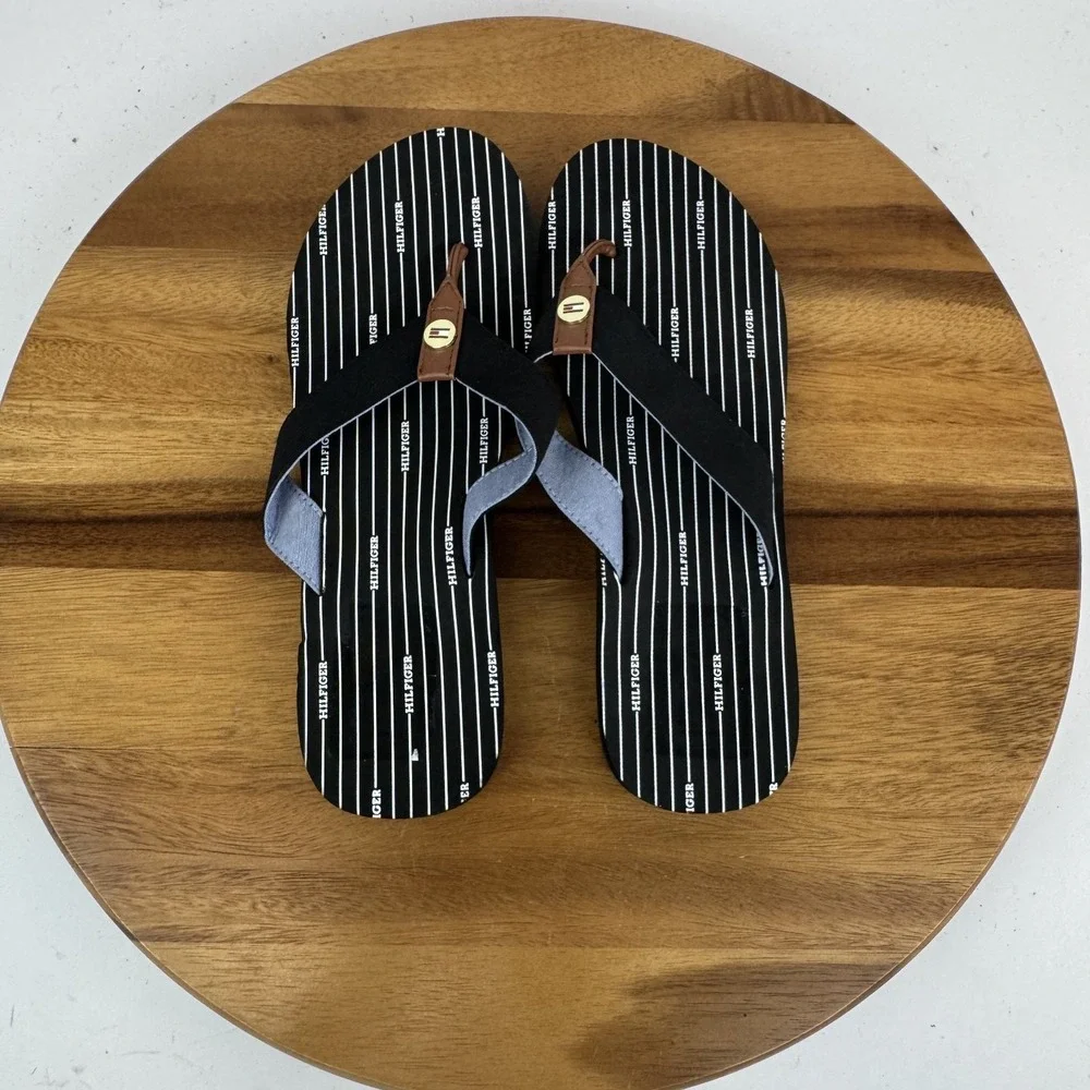 New Womens Tommy Hilfiger Cemile Black Striped Thong Flip Flops Sandals Size 10